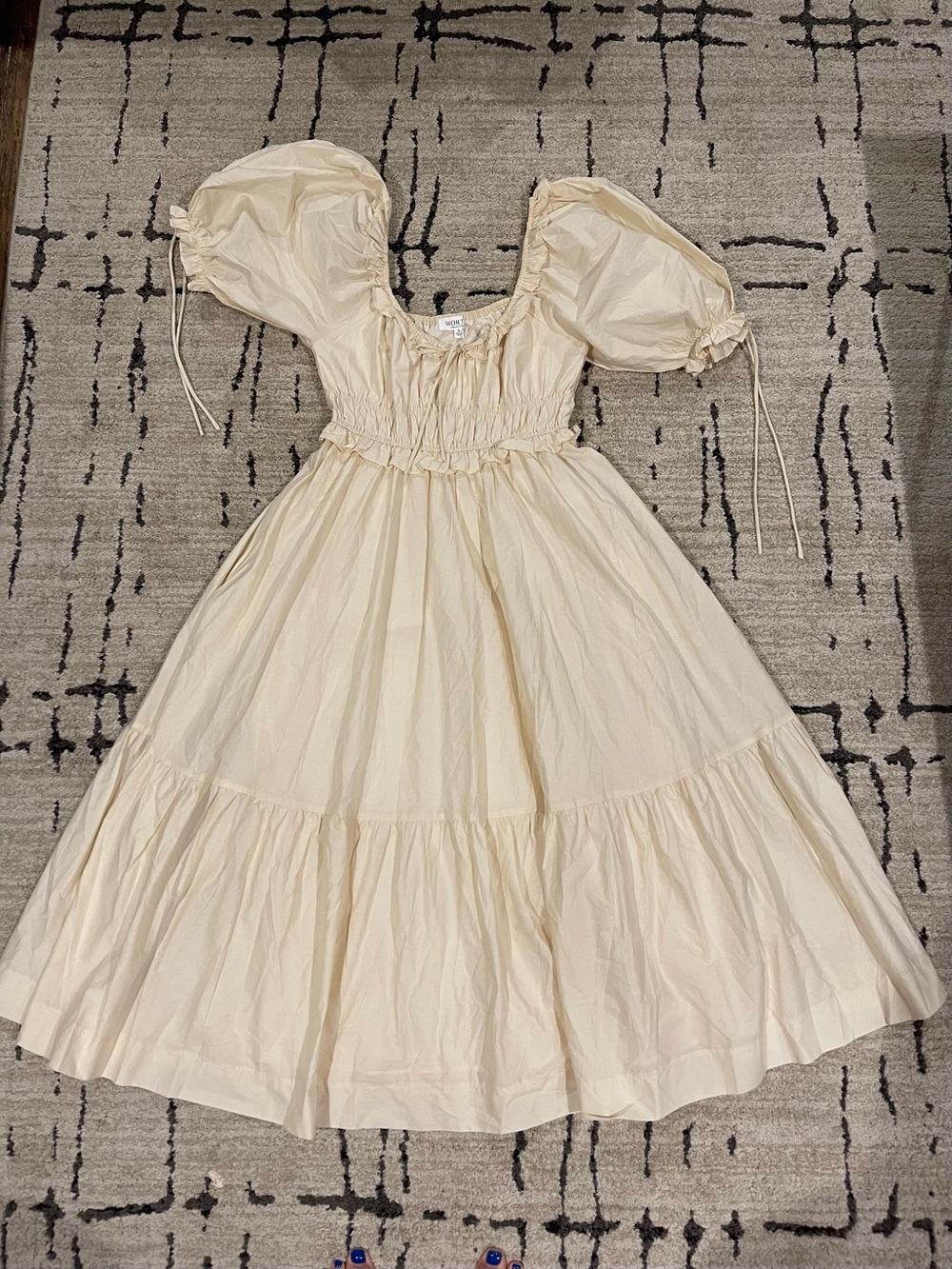 WORTH Collective Cream Smocked Ruffle Puff Sleeve Square Neck Midi Dress S